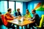 Placeholder: Reunión de 4 personas en una mesa de reuniones en una oficina. Fotografía en color. Con cámara Leica 35 mm. Oficina moderna, con colores vivos