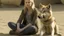 Placeholder: A Caucasian woman in her 20s with blonde hair sitting on the ground leaning against a standing wolf, both in a sandy environment