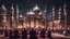 Placeholder: Hyper Realistic lots of Muslim-Men praying outside a Massively-Huge-Beautifully-Crafted-Maroon-&-Silver Mosque with detailed-minarets & Ramadan-Light-Decorations-&-Lamps at beautiful-dark-night with dramatic-&-Cinematic-Ambiance