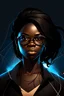 Placeholder: Generate me an image of a dark hair black woman with a bit shorter hair than shoulder length that is a software developer and has a blindfold. she have lightning super powers as well