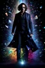 Placeholder: Johnny Depp - pitch-black background with a blue glowing overhead spotlight effect, multicolored shards of broken glass, prism effect, mosaic effect, time travel, space voyages, superheroes, moving really fast