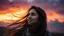 Placeholder: Hyper Realistic Photographic Close Side Face View Of A Beautiful Pakistani Pashto Young Woman (With BEautiful Green Eyes & Long Hair Whirling From Cold Breeze, Happily Looking At The Dramatic Cloudy Sunset With Purple Sky & Dark Clouds With Orange Sunset Sky, With Few Birds Flying Far, Showing Dramatic And Cinematic Ambiance.