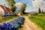 Placeholder: Sunny day, clouds, dirt road, flowers, mountains, houses, trees, john singer sargent watercolor paintings