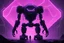 Placeholder: a colossal geometric hypermodern black and purple neon bipedal robot with 1 ominous hexagonal eye staring at a person roaming in a monochrome black world far away