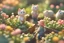 Placeholder: top view of a miniature flower farm scene with cute chibi anime gardener cats tending to the flower fields S<AI in sunshine, photorealistic, 3D, ethereal, cinematic postprocessing, bokeh, dof