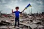 Placeholder: portrait of unkempt child ukranian war refugee waving a NATO flag amidst rubble and ruins with nuclear explosion in the background