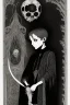 Placeholder: 7 year old boy, necromancer, friendly, looks dead,with a long lamprey emerging from his belly , wearing black robes, in the style of Harry Clarke