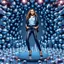 Placeholder: make a picture pretty stage made of metallic cyan-gray teme 3d fractal recursive cubic and sphere base structures and a beautiful fashion model lady posing with cute,with blue teme Chic style pants with a tight shirt and jacket,high heels ,makeup curvy long hair,dynamic camera zoom to full body and pan, dynamic lights.