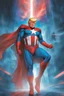 Placeholder: Donald Trump as 'Maga Man,' Extremely Muscular, Skintight, formfitting, red, white-and-blue bodysuit, blue cape, silver boots, Multicolored vortex, neon lit futuristic cityscape, mist, fog, speed, extremely overexaggerated musculature, "MAGA MAN"