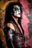 Placeholder: text 'KISS' - head and shoulders portrait, KISS - Paul Stanley, Black star on right eye, Chest and stomach hair, rose tattoo on right shoulder, black spandex and leather, 8-inch high platform boots, - a multicolored cement wall in the background,