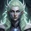 Placeholder: Generate a dungeons and dragons character portrait of the face of a female winter Eladrin. She is a Grave Cleric. Her hair is black and voluminous. Her skin is soft and pale with purple tinting. Her eyes are pale green in color. She has no jewelry.