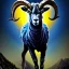 Placeholder: A bighorn sheep ram warrior full blue and yellow body armor with fierce and wild look, highly detailed, digital art, sharp focus, trending on art station, standing on all fours with one hoof on an american football, field of grass, background mountain peaks sunset sky of blue and yellow, design by charlie bowater, ross tran, artgerm, and makoto shinkai, detailed, colors #003594 #FFA300 #FF8200 #FFD100 throughout