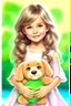 Placeholder: hiper realistic 4-5 year old cute beauty girl With beach wavy dimensional melange hair. With deep real smiling green eyes and brow long hair. Holding a bear-toy. Near her to stay very cutte puppy