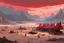 Placeholder: painting, landscape, artistic, illustration, artstation, black desert, black sand, bleak, pale red sky, large bustling camp, vereshagin style