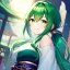 Placeholder: girl, masterpiece, best quality, volumetric lighting, detailed outfit, perfect eyes, long hair, green hair, green eyes, obi, low ponytail, smile,