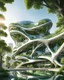 Placeholder: Stunning futuristic architectural masterpiece, biomorphic organic structure that combines nature and technology. A futuristic city, with polished chrome buildings and glass windows, fascinating summer weather. Intricate details and cantilevered sections. Trees, green areas and people