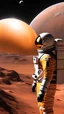Placeholder: Photo realistic side view shot from European space agency an astronaut girl amazed by landscape of Mars wearing sufficient mostly glass yellow, orange uniform of year 2100 fictional improved, no apparatus on chest, clean, unique amazing mask color #edb00e, mostly glass mask vision 80%, sleek mask is big size 80% made of glass color #edb00e, yellow smooth mask orange color gradients, enhanced exposure lights, surprised with landscape emotional delicate athletic body, futuristic appealing