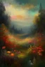 Placeholder: MAGIC fantasy, medieval painting, gloomy landscape surrounded by forests, dense thickets of flowers with brushes, impressionism style