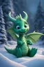 Placeholder: cute fairy green shiny dragon baby in pixar style on snow in front of fabulous christmas snowy forest in moonlight