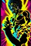 Placeholder: 70s Black light poster design in the style of George Goode, featured “a black man rais[ing] his unshackled fist while the background bursts with fluorescent yellow flame.” neon fluorescent glow, psychedelic, bright, shimmering, fluorescent colors pop and sizzle, mystique, cosmic