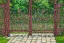 Placeholder: open iron gates made of colorful stained glass, covered in vines, trees, very large entry leading to a lush garden, see lot details in the garden, photo realistic 4k, nature, beautiful hand laid checkered pattern stone walkway path, trending on artstation, sharp focus, studio photo, intricate details, highly detailed, by greg rutkowski