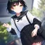 Placeholder: Clear focus, High resolution, fluffy black short hair, dark green eyes, wearing a black sailor uniform and pleated black skirt, fluffy hair, detailed outfit