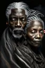 Placeholder: a photo of an African man and woman with ethnic jewelry, grey hair and grey flowing robe, in style of Annie Leibovitz, contemporary portrait of a mature yet beautiful and modernist, black and grey, detailed face, swirling fluid smokey enigma, award-winning artwork