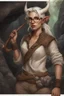 Placeholder: A realistic rendering of a Dnd character with a long tail and small horns in a dark cave. A female Tiefling archeologist with white skin, white hair wearing glasses, in brown adventurer's clothes. Cunning, beautiful, cool.