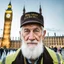 Placeholder: an old man standing in front of big ben looking at camera