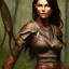 Placeholder: dungeons and dragons, female wood elf, druid, brown hair, brown eyes, full body, realistic face, short hair, hair tied back, large nose, closed mouth, leather armor, dark skin