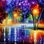 Placeholder: Night cityscape raining purple reflections lake trees acrylic abstract leonid afremov