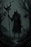 Placeholder: a demon, flesh, standing in the forest, night, forest, dark, creepy, holding a scythe left hand, holding three human heads right hand