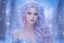 Placeholder: very beautiful fairy women with long hair, little smile, with cosmic silver metallic blue and pink suite and brightly earings. in the background there is a bautiful little magic forest with snow and light bluesky with stars and light beam