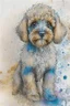 Placeholder: Abstract wet watercolour of a cockapoo, ink lines, splashy background, bifurcated circles, detailed,focus on eyes, watercolour paper