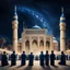 Placeholder: Hyper Realistic Photographic-View of people praying outside Masjid E Nabwi At Beautiful Night with dark-blue-&-black-sky-with-stars showing dramatic & cinematic ambiance