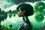 Placeholder: Photo of a skinny woman with a black bob hairstyle, in a green and silver android suit, looking at flying dandelion heads with octopus tentacles looking out over a lake, in an alien forest, with tall narrow cloud trees