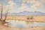 Placeholder: clouds, arid land, distant mountains, dry trees, pond, alfred sisley impressionism painting