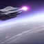 Placeholder: small high speed spaceship flying across planet realistic high res