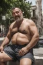 Placeholder: masculine muscular chubby burly mature turkish man sunbathing, sitted on an empty street, 44 years old, shirtless, bullneck, ripped dirty shorts, manly chest, very hairy, short beard, big shoulders, relaxed, photorealistic, well defined facial features, half figure photography, view angle from the ground