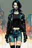 Placeholder: Create and fine print full body illustration of a Goth Girl with finely detailed facial features in a weathered leather jacket adorned with patches from countless encounters, torn black skirt ,battered combat boots, and a riotous assortment of belts and buckles that jingled with every step, in the graphic novel style of Bill Sienkiewicz, and Jean Giraud Moebius, precisely drawn, colored and inked