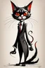 Placeholder: create a wild full body caricature of a refined and sophisticated female vampire cat, highly detailed with refined feline features in the caricature style of Gerald Scarfe and Ralph Steadman, precisely drawn, boldly inked, vividly colored, 4k