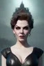 Placeholder: Hannah Waddingham as evil queen in black leather, busty, cleavage, voluptous, rebecca Welton, angry, stern look. character design by cory loftis, fenghua zhong, ryohei hase, ismail inceoglu and ruan jia. unreal engine 5, artistic lighting, highly detailed, photorealistic, fantasy