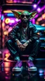 Placeholder: camera angle from feet, portrait of slick lord Gremlin myth buster pimp rapper cyber punk sitting on a hipster car parked in dark fashionably lit reflective wet arcade hall tunnel,bokeh like f/0.8, tilt-shift lens 8k, high detail, smooth render, down-light, unreal engine, prize winning