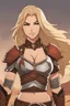 Placeholder: Woman with shoulder length blonde hair, light browneyes, barbarian halter top armor, battle skirt muscular, smirking, desert background, RWBY animation style
