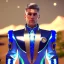 Placeholder: Handsome galactic man, glitter blue and white galactic suit with jewels, blond hair, blue eyes, cinematic lights, full details, hight quality, unreal engine 5, 4k, cosmic stars background