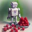 Placeholder: lonely robot picture. Watercolour and pencil. Holding raspberries