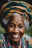 Placeholder: In a portrait, The subject of this high-quality photograph image is a smiling, elderly black woman, her face has lots of wrinkles, up close. Center the image in frame, --chaos99