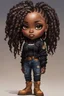 Placeholder: create a EXPRESSIVE OIL PAINTING image of a curvy size chibi dark skinned Black female wearing a black jean outfit with timberland boots. Prominent make up with brown eyes and lush lashes. Highly detailed dread locs