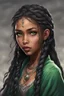 Placeholder: young mulatto sorceress, fifteen years old, green eyes, with long braids of black hair