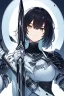 Placeholder: Anime girl with short black hair and sharp green eyes holding a menacing spear, black and white metal armour, portrait